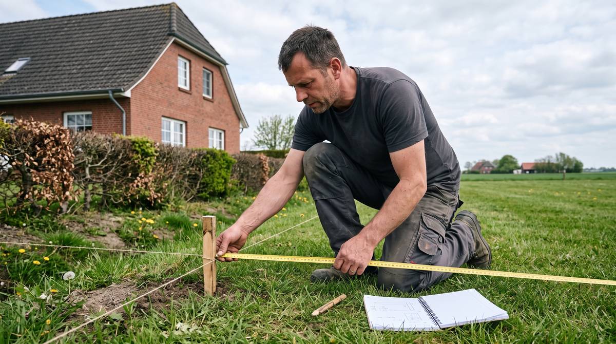 Zaunbauer misst die Grundstücksgrenze mit dem Maßband aus