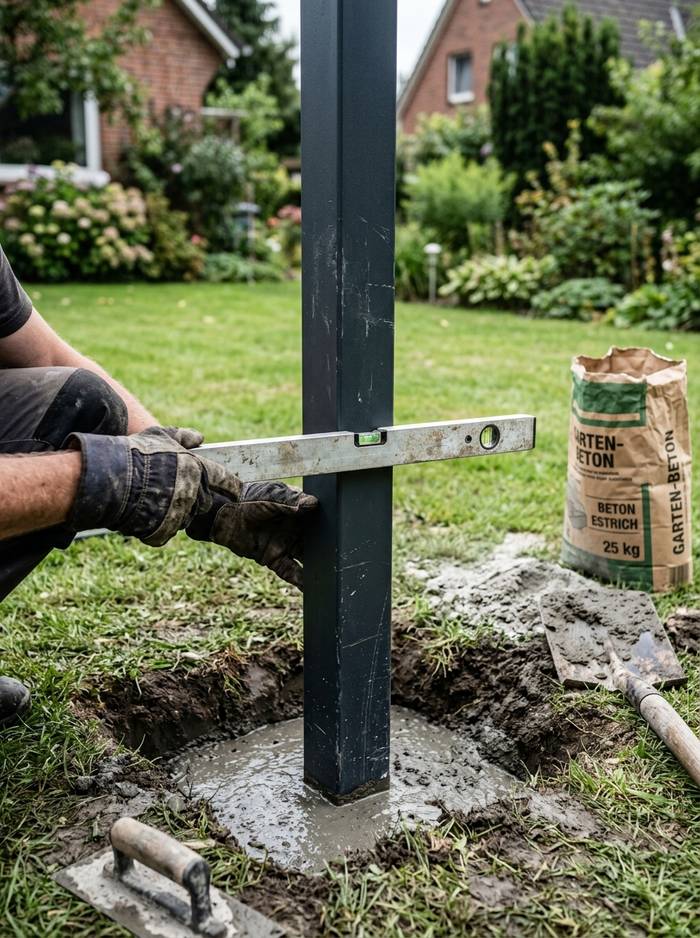 Zaunpfosten wird mit Wasserwaage im frischen Betonfundament ausgerichtet