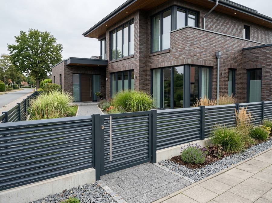 Moderner Aluminiumzaun mit Lamellen und Gartentor vor einem Klinkerhaus