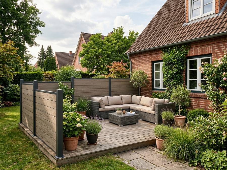 WPC-Sichtschutz in Holzoptik um eine Terrasse mit Lounge-Möbeln